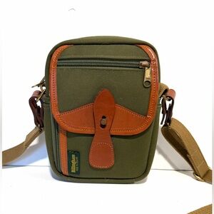 Billingham England Compact Stowaway Green Cognac Brown Leather Camera Handbag